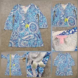 Lilly Pulitzer Dress Women Medium Midnight Blues Paisley Tunic Tassel Boho Beach